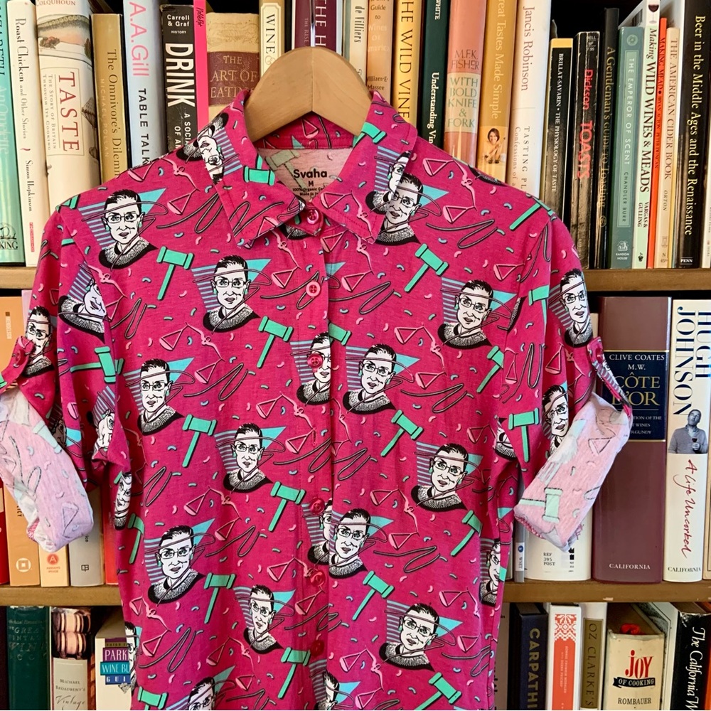 Svaha Pink Magenta Ruth Bader Ginsburg RBG Sally Button Shirt Dress POCKETS M - Picture 7 of 12